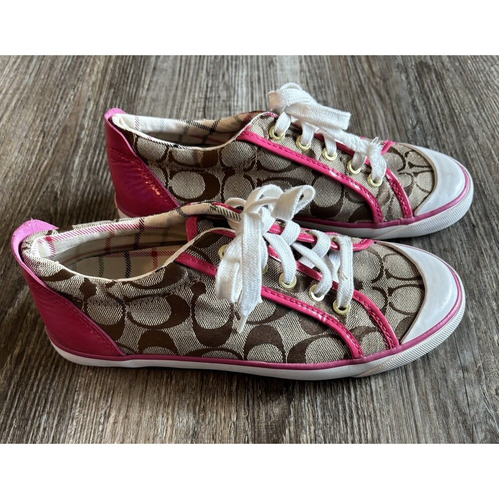 Coach Barrett Monogram Khaki Brown Pink Canvas Low Top Sneaker Tennis Shoe 7.5B - Picture 2 of 10